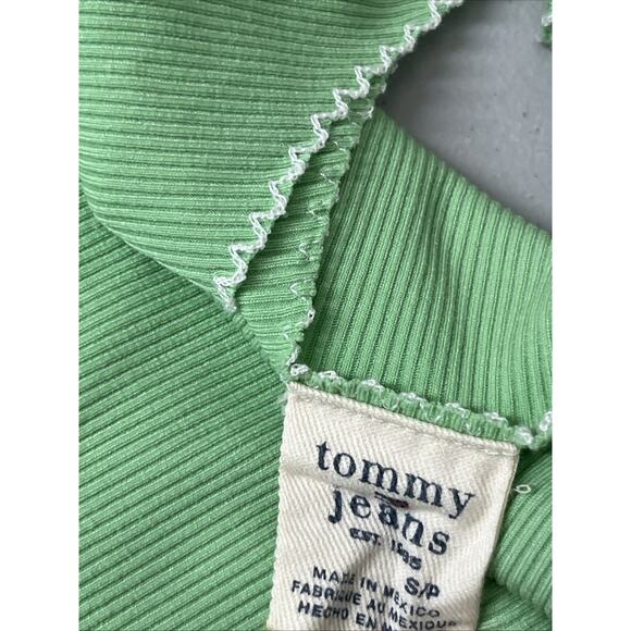 Tommy Jeans Y2K Ribbed Tank Top Scoop Neck Small Green Embroidered Logo Stretch - Picture 6 of 8